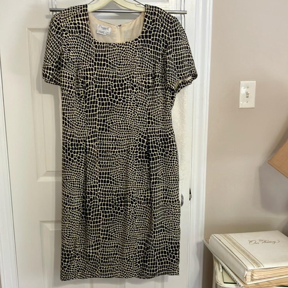 Maggy L Black and White Sheath Midi Dress with Square Neck